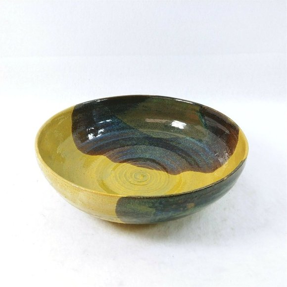 Pottery Bowl Brown Artist Initialed 4 of 4 Drip Glazed 9.5" - Picture 3 of 4